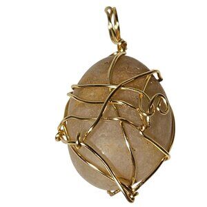 Handmade Gold Tone Wire Wrapped Beige Stone Pendant Necklace Jewelry Accessory